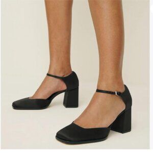 miss left Black Satin Square Toe Adjustable Ankle Buckle D'Orsay Pumps